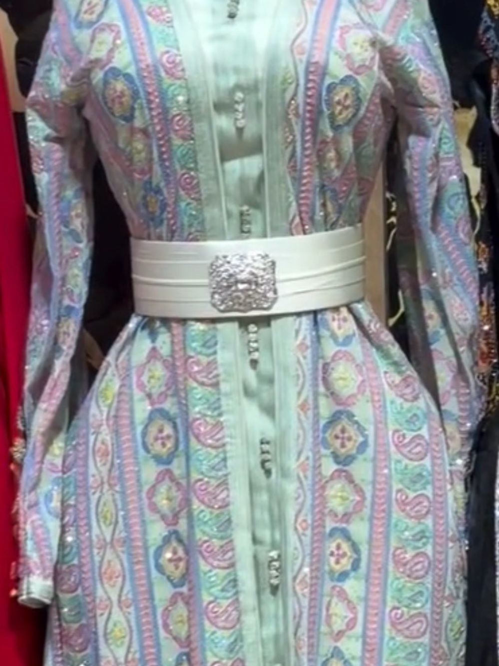 Pastel Multi-Color Paisley Button-Front Kaftan Dress with Belt